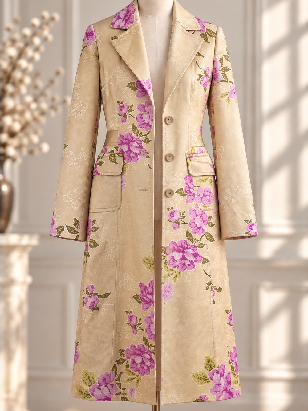 Extremely Elegant Chanpagne Silk & Linen Trench Coat-Pink and Olive Floral Print